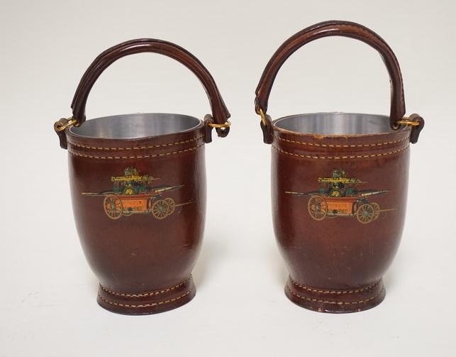 NY LOYAL LEATHER COVERED FIRE BUCKET ASHTRAYS: NY LOYAL LEATHER COVERED FIRE BUCKET ASHTRAYS W/OLD FIRE WAGON DECORATION, ALUMINUM LINERS, 5 1/4 IN EXCLUDING HANDLES