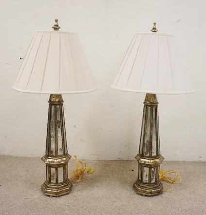 PAIR OF MIRRORED & PAINTED LAMPS (1 of 3)