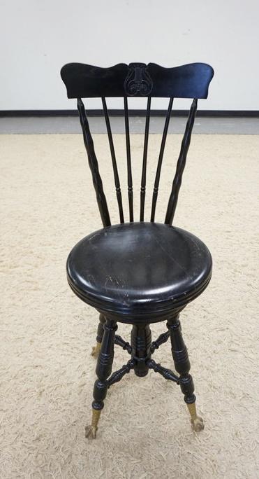 BALL & CLAW FOOT PIANO CHAIR: BALL & CLAW FOOT PIANO CHAIR, SEAT HEIGHT ADJUSTS, PAINTED BLACK, 36 3/4 IN HIGH