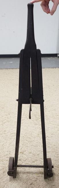 WHISKEY BARREL HAND TRUCK: WHISKEY BARREL HAND TRUCK, NO LEATHER STRAP, HAS A PRESSED LYRE DESIGN, 45 IN HIGH