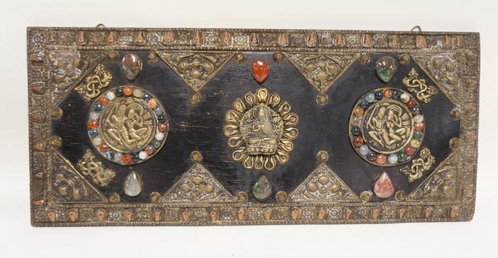 ASIAN BUDDHIST PLAQUE: ASIAN BUDDHIST PLAQUE W/MIXED METAL & JEWELS ON WOOD, 24 1/4 IN X 10 3/4 IN