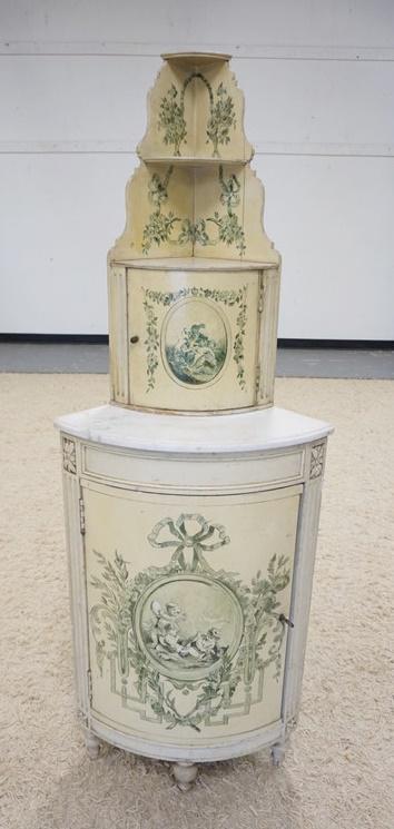 2 PIECE MARBLE TOP PAINT DECORATED CORNER CABINET (1 of 2)