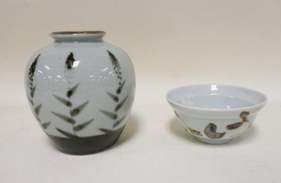 ASIAN VASE & BOWL: ASIAN VASE & BOWL, TALLEST IS 6 1/4 IN