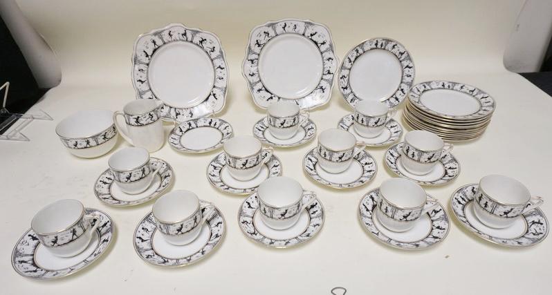 FOLEY FAIRY SILHOUETTE TEA & PASTRY SET: FOLEY FAIRY SILHOUETTE TEA & PASTRY SET, 39 PIECE, ONE CUP HAS A HAIRLINE, LARGEST PLATES ARE 8 7/8 IN