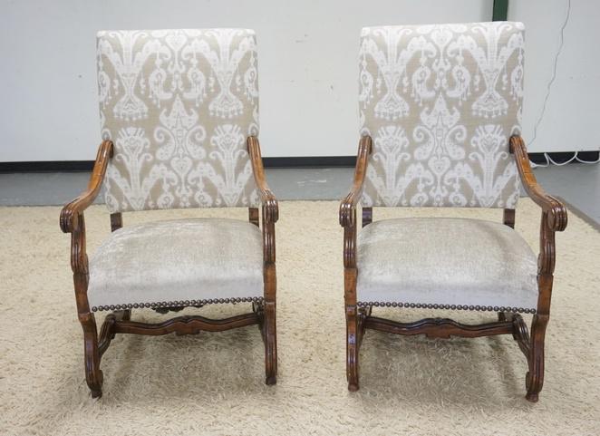 PAIR OF CARVED HIGH BACK UPHOLSTERED CHAIRS (1 of 3)