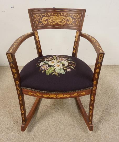 FLORAL INLAID ARM ROCKER: FLORAL INLAID ARM ROCKER, 21 IN W 29 1/2 IN H