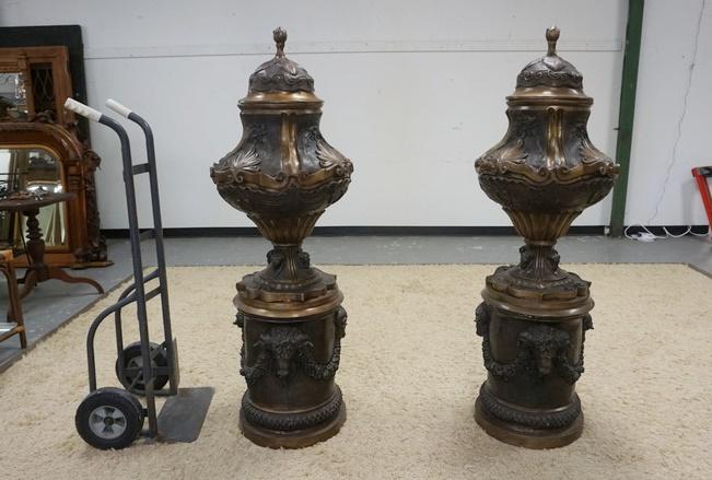 PAIR OF LARGE BRONZE LIDDED FLOOR URNS (1 of 7)