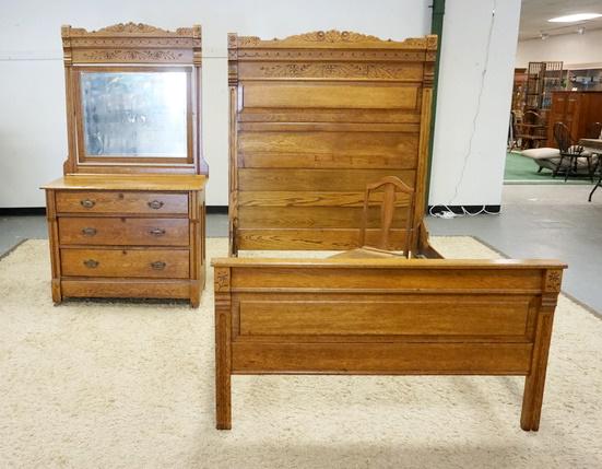 SPOON CARVED OAK HIGH BACK BED (1 of 3)