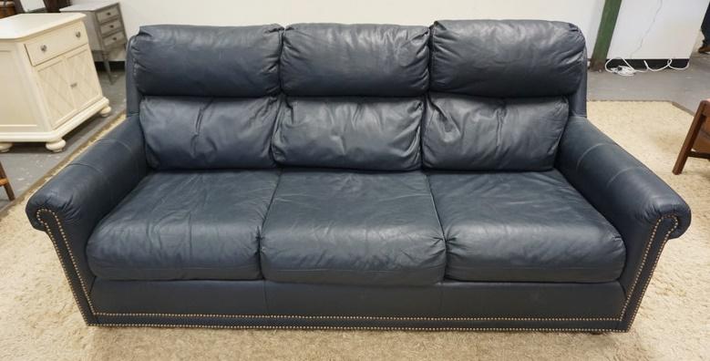 GLENN FURNITURE CO BLUE LEATHER SOFA (1 of 3)