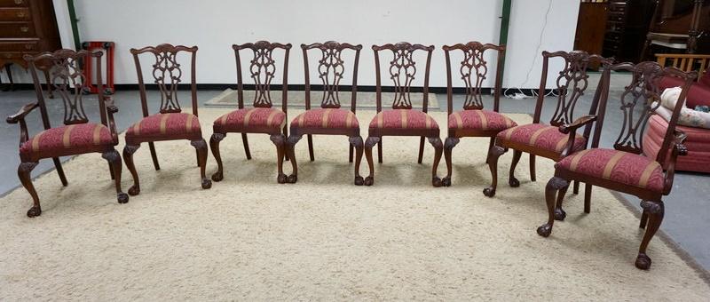 SET OF 8 EHTAN ALLEN DINING CHAIRS: SET OF 8 EHTAN ALLEN DINING CHAIRS, CHIPPENDALE, MAHOGANY, 2 ARM & 4 SIDES W/CARVED BALL & CLAW FEET