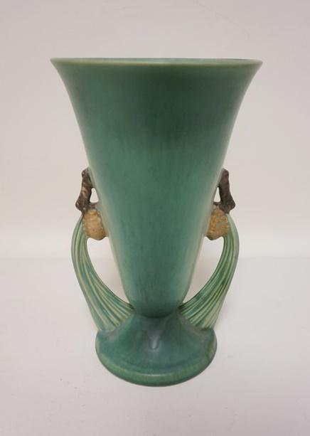 ROSEVILLE GREEN PINECONE TRUMPET VASE (1 of 3)
