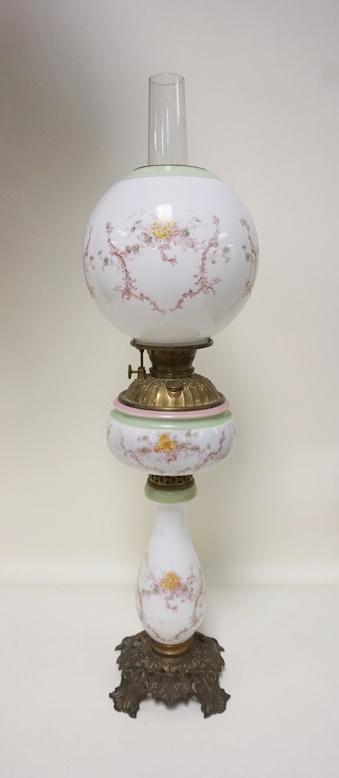 VICTORIAN HAND PAINTED GLASS BANQUET LAMP: VICTORIAN HAND PAINTED GLASS BANQUET LAMP, MATCHED & ALL ORIGINAL, 34 1/4 IN HIGH TO TOP OF CHIMNEY