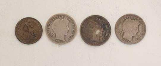 3 BARBER DIMERS AND AN 1857 HALF DIME (1 of 2)