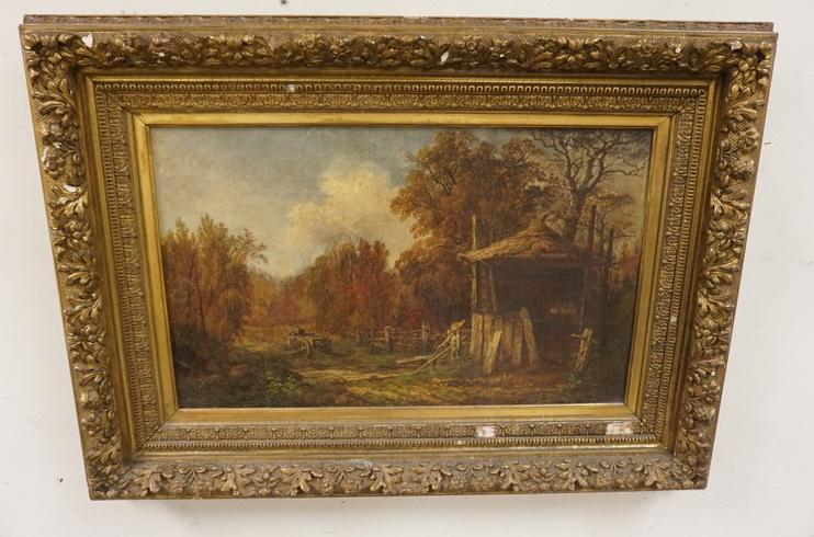 ANTIQUE OIL PAINTING ON CANVAS: ANTIQUE OIL PAINTING ON CANVAS OF MAN ON HORSE DRAWN WAGON RIDING DOWN A WOODED TRAIL, HAS TEARS & A BACKING APPLIED, SIGNED LOWER RIGHT, APPROXIMATELY 25 1/2 IN X 16 IN IMAGE SIZE