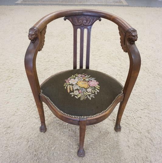 VICTORIAN SEMI CIRCULAR CHAIR: VICTORIAN SEMI CIRCULAR CHAIR W/WINGED GRIFFENS & NEEDLEPOINT SEAT
