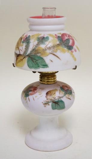 CASED WHITE OVER PINK MINIATURE LAMP: CASED WHITE OVER PINK MINIATURE LAMP, HAND PAINTED, ALL ORIGINAL, 8 1/4 IN HIGH