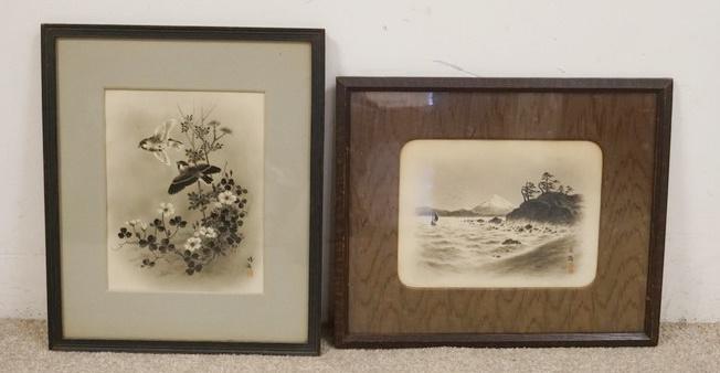 2 PIECES OF SIGNED JAPANESE ARTWORK: 2 PIECES OF SIGNED JAPANESE ARTWORK, BIRDS & FLOWERS & MOUNT FIJI, 15 IN X 18 IN INCLDUING FRAMES