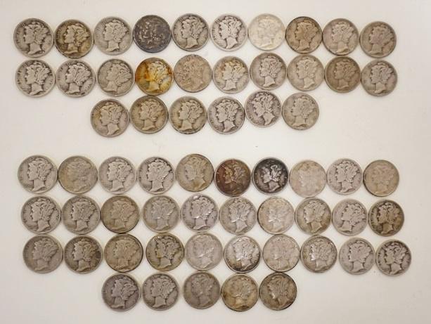 LOT OF 61 MERCURY DIMES, 1930'S & 1940'S (1 of 2)