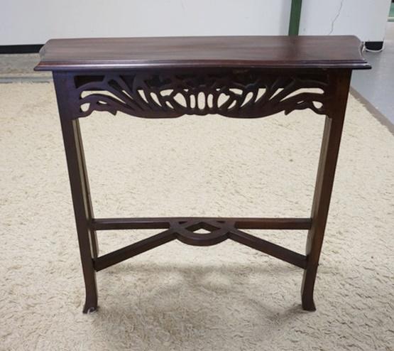 TABLE W/FRETWORK SKIRT & STRETCHER BASE: TABLE W/FRETWORK SKIRT & STRETCHER BASE, 39 3/4 IN WIDE X 29 3/4 IN HIGH X 10 IN DEEP