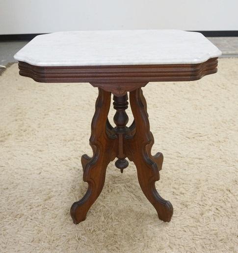 VICTORIAN MARBLE TOP TABLE: VICTORIAN MARBLE TOP TABLE, 29 IN X 21 IN X 27 3/4 IN HIGH