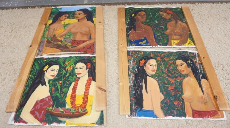 4 UNFRAMED OILS ON CANVAS: 4 UNFRAMED OILS ON CANVAS OF POLYNESIAN WOMEN, 27 1/2 IN X 31 IN