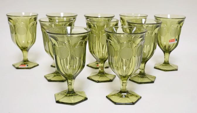 10 OLIVE GREEN FOSTORIA COIN GLASS GOBLETS (1 of 3)