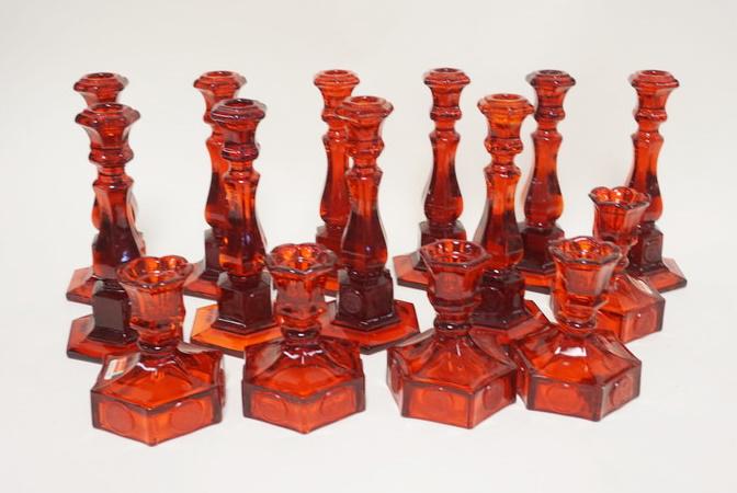 15 RUBY RED FOSTORIA COIN GLASS CANDLE STICKS (1 of 3)