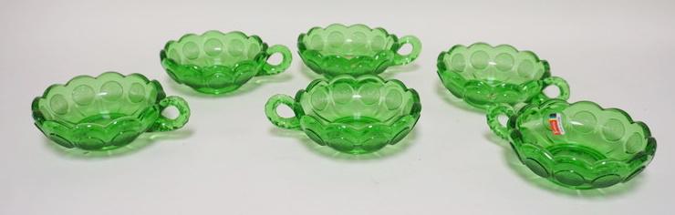 6 EMERALD GREEN FOSTORIA COIN GLASS HANDLED CANDY DISHES (1 of 2)