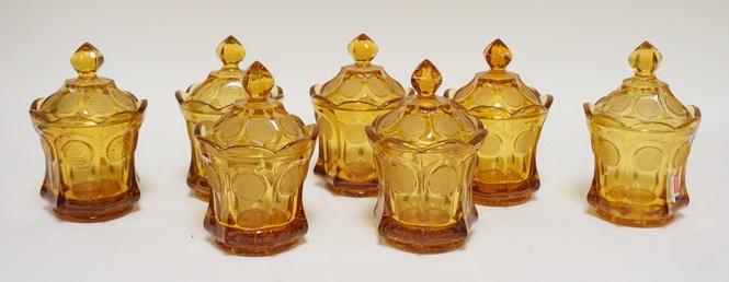 6 AMBER FOSTORIA COIN GLASS COVERED CANDY JARS (1 of 2)