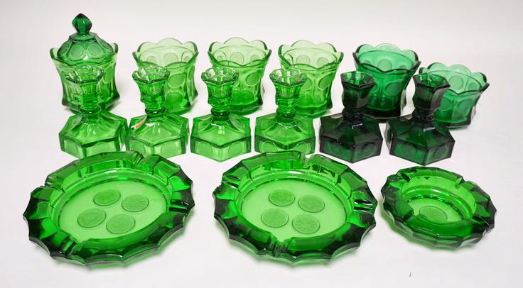 EMERALD GREEN FOSTORIA COIN GLASS LOT: EMERALD GREEN FOSTORIA COIN GLASS LOT INCLUDES CANDY JARS, ASHTRAYS & CANDLE STICKS