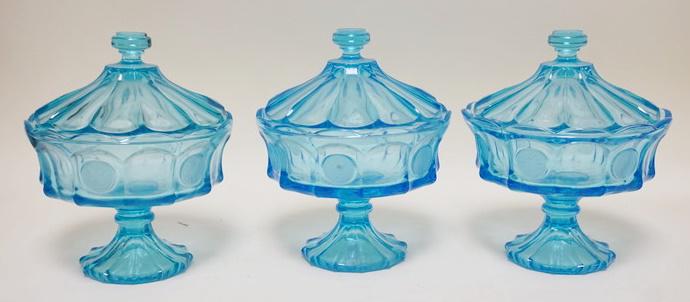 3 BLUE FOSTORIA COIN GLASS COVERED COMPOTES (1 of 2)