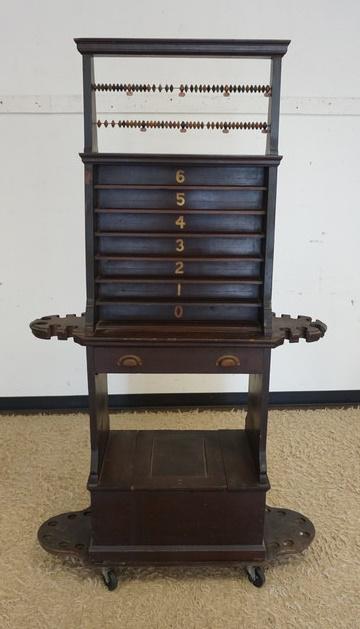 VICTORIAN POOL ROOM RACK: VICTORIAN POOL ROOM RACK, LIFT TOP COMPARTMENT AT THE BASE, 74 IN HIGH X 41 IN WIDE X 14 IN DEEP
