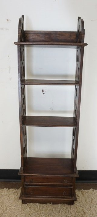 NARROW 2 DRAWER SHELF: NARROW 2 DRAWER SHELF W/FRETWORK CUT OUT SIDES