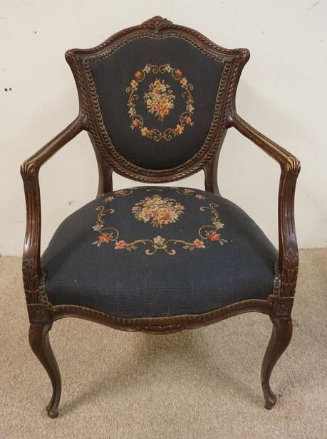 CARVED SHIELD BACK UPHOLSTERED ARMCHAIR: CARVED SHIELD BACK UPHOLSTERED ARMCHAIR