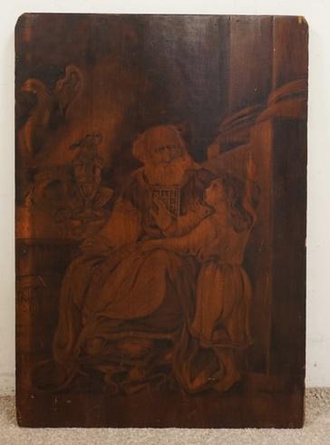 PYROGRAPHY ON WOOD: PYROGRAPHY ON WOOD, SAMUEL READING TO ELI THE JUDGMENTS OF GOD, BY JOSEPH SMITH, ENGLAND, 1818, 19 1/2 IN X 28 IN