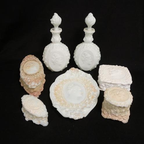 FOSTORIA JENNY LIND 7 PIECE DRESSER SET: FOSTORIA JENNY LIND 7 PIECE DRESSER SET, 800 SERIES, COLOGNES ARE 11 IN HIGH
