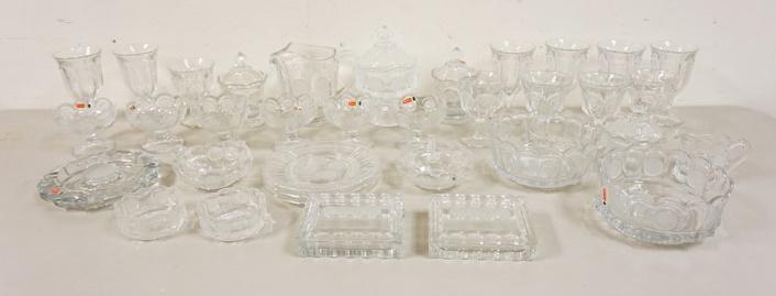 LARGE LOT OF CLEAR FOSTORIA COIN GLASS: LARGE LOT OF CLEAR FOSTORIA COIN GLASS, PITCHERS, GOBLETS, CIGARETTE BOXES, ETC