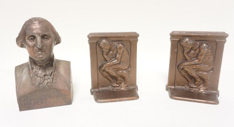 CAST METAL LOT, BOOKENDS, BANK, ETC (1 of 2)