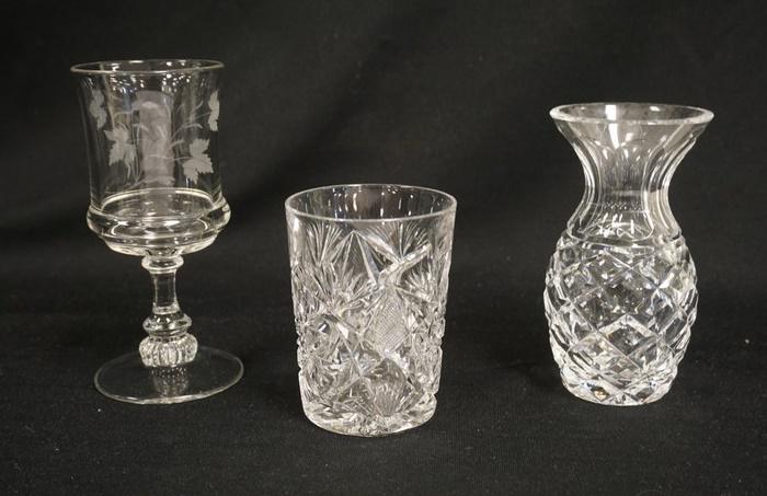 3 PIECES OF GLASS TUMBLER, BUD VASE & GOBLET (1 of 3)