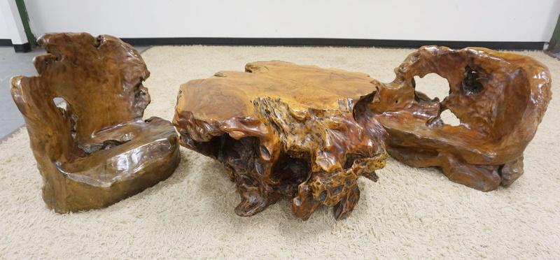 BURL RUSTIC TREE ROOT ONE PIECE TABLE W/2 ONE PIECE CHAIRS (1 of 8)