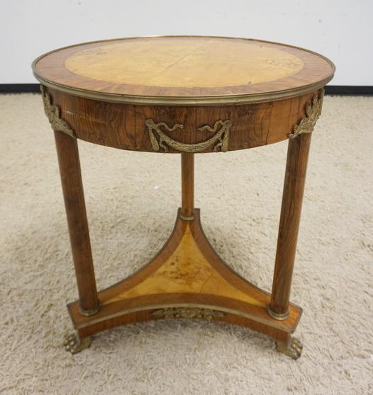 FRENCH BANDED CIRCULAR TABLE: FRENCH BANDED CIRCULAR TABLE W/METAL MOUNTS & BRASS PAW FEET, APPROXIMATELY 30 IN X 34 IN HIGH