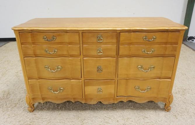 CROYDON FURNITURE FRENCH PROVINICIAL LOW CHEST: CROYDON FURNITURE FRENCH PROVINICIAL LOW CHEST, 9 DRAWER, FRUITWOOD W/SIDE LOCK, NO KEY, APPROXIMATELY 62 IN X 23 IN X 36 IN