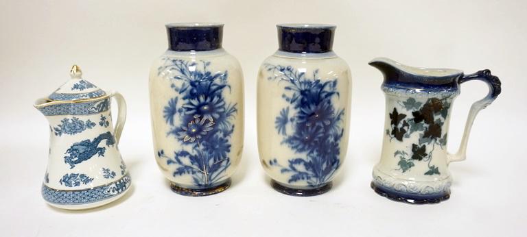 PPC BLUE DECORATED CHINA: PPC BLUE DECORATED CHINA, BOOTHS COVERED PITCHER W/DRAGONS, PATENT #9780, PAIR OF BLUE FLORAL VASES & LEAF DECORATED PITCHER, TALLEST 9 IN
