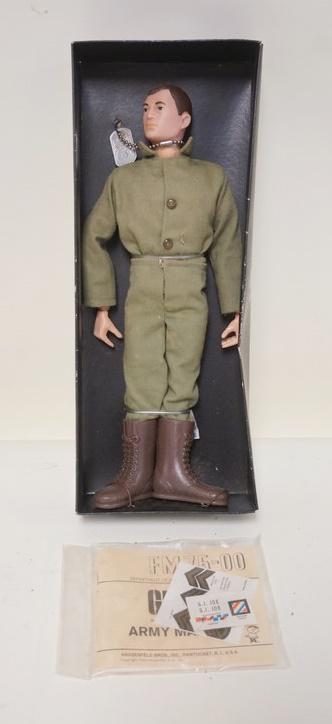 GI JOE 1964, STILL ATTACHED TO BOX INSERT: GI JOE 1964, STILL ATTACHED TO BOX INSERT W/PAPERWORK, 11 1/4 IN HIGH, HASBRO