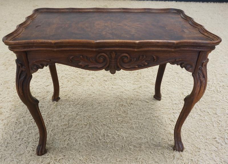 CARVED WALNUT TABLE WITH BURL WOOD TOP (1 of 3)