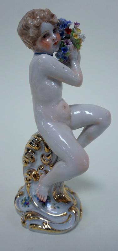 LUIGI FABRIS PORCELAIN NUDE FIGURE: LUIGI FABRIS ITALIAN PORCELAIN NUDE FIGURE OF WOMAN HOLDING FLOWERS, 7 1/4 IN HIGH