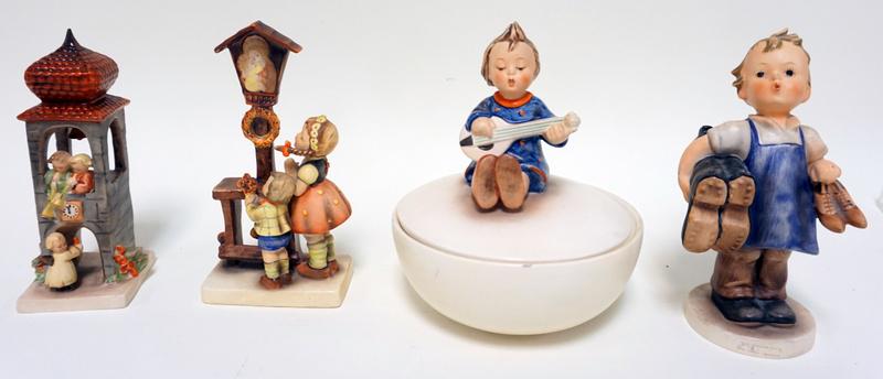 GROUP OF 4 HUMMELS: GROUP OF 4 HUMMELS INCLUDING COVERED DISH WHICH HAS SMALL RIM CHIP, TALLEST IS APPROXIMATELY 7 IN HIGH