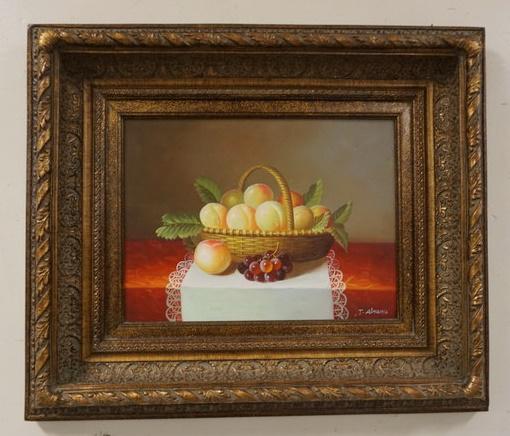 CONTEMPORARY OIL ON CANVAS: CONTEMPORARY OIL ON CANVAS, FRUIT STILL LIFE SIGNED J ABRAMS, 26 IN X 22 1/4 IN INCLUDING FRAME