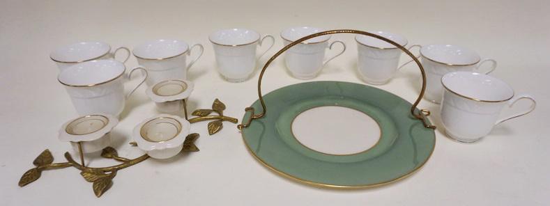 LENOX LOT: LENOX LOT, 8 *SNOWDRIFT GOLD* CUPS, *GARDEN LIGHTS* FLOWER FORM CANDLE HOLDER & A SERVING PLATE W/DETACHABLE METAL HANDLE, 10 1/2