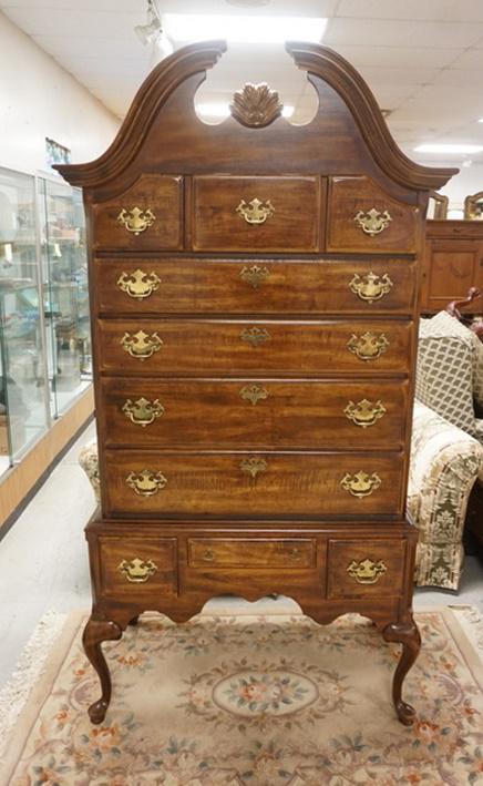 2 PART 10 DRAWER HIGHBOY: 2 PART 10 DRAWER HIGHBOY W/SHELL CARVED TOP, APPROXIMATELY 40 IN X 20 IN X 76 IN HIGH